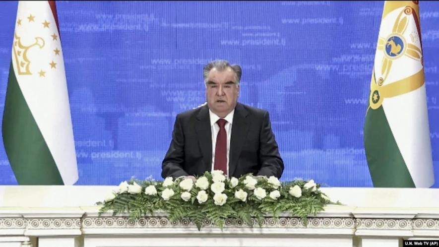 Tajikistan’s President Emomali Rahmon remotely addresses the 76th session of the United Nations General Assembly in a prerecorded message on September 23.