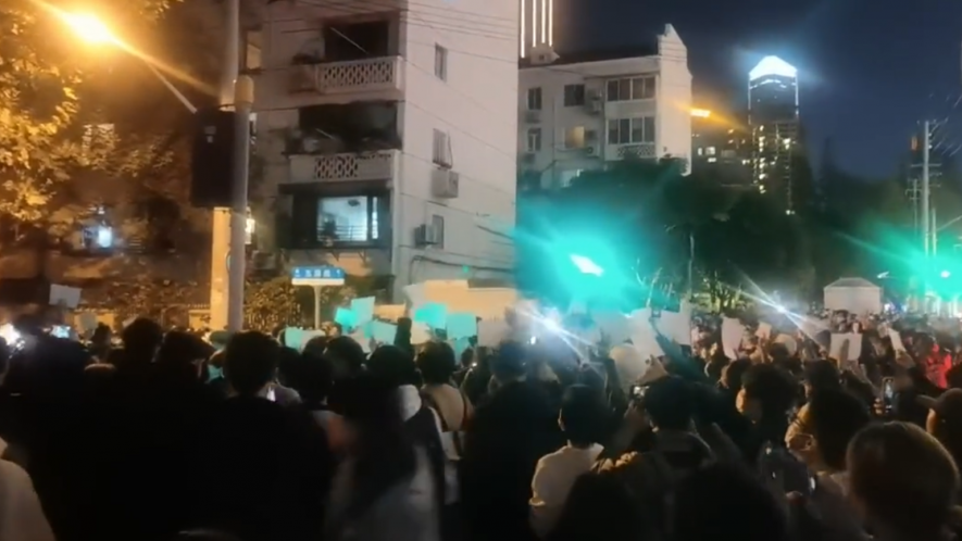 A screen grab of a video of a protest in China.
