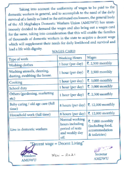 Wage card of the All Meghalaya Domestic Workers Union.