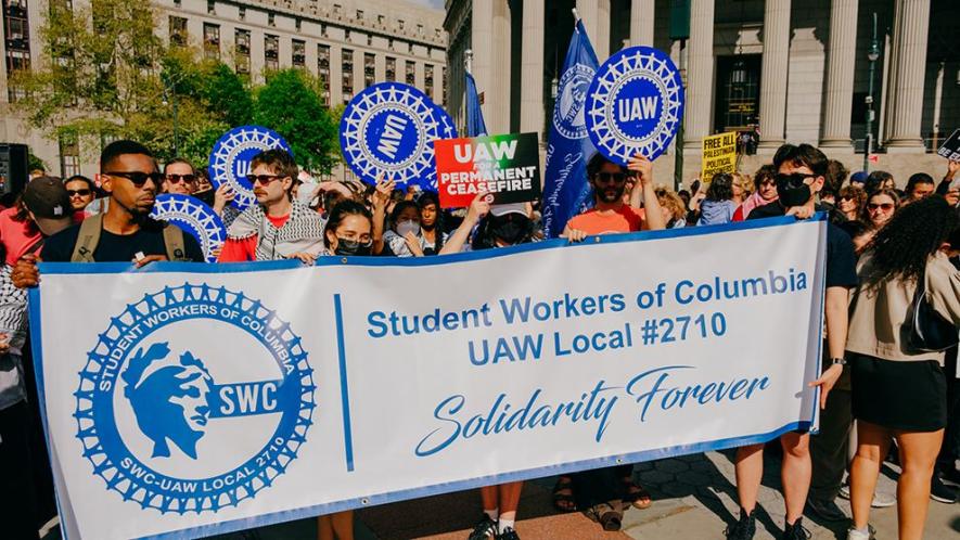 Student workers of Columbia organized in UAW 2710 participate in May Day rally. Photo: Wyatt Souers