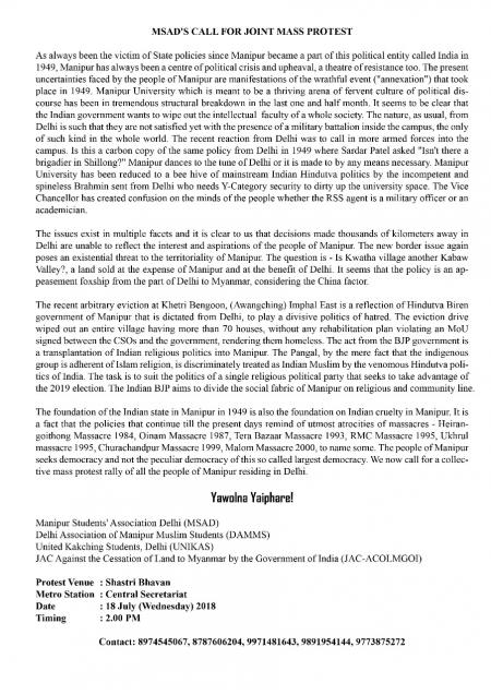 MSAD Calls for Joint Mass protest in Delhi to End the Deadlock at Manipur University