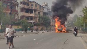 A vehicle was set on fire in front of the office of the CPN (Unified Socialist) in Kathmandu, Nepal on September 9. Photo: Surendra Kandel