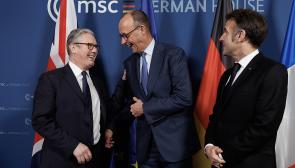 Prime Minister Keir Starmer, French President Emmanuel Macron, and German Chancellor Frederich Merz at the Munich Security Conference in February 2026. Photo: No. 10 Downing Street