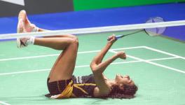 PV Sindhu celebrates after beating Nozomi Okuhara to win gold at the BWF Badminton World Championships in Basel