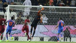 Indian football team goalkeeper Gurpreet Singh Sandhu makes a save in the FIFA World Cup qualifier against Qatar