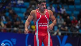 Indian wrestler Sushil Kumar in action at the UWW World Wrestling Championships in Nur-Sultan