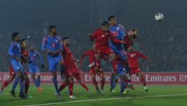 Seiminlen Doungel of Indian football team scores against Afghanistan in their FIFA World Cup qualifier match