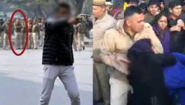 A policeman standing with his arms folded while the armed man fires (left). Police personnel can be seen manhandling a protester (right).