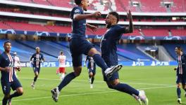 PSG players celebrate vs Leipzig in their Champions League match