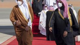 Saudi Arabia’s Crown Prince Mohammed bin Salman (R) welcomes Qatar’s Emir Sheikh Tamim bin Hamad al-Thani upon arrival to attend Gulf Cooperation Council Summit in Al-Ula, Jan. 5, 2021.