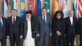 Russian Foreign Minister Sergey Lavrov flanked by Taliban officials attending a conference on Afghanistan, Moscow, November 2018