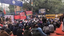 Nine unions came together and staged a demonstration outside DJB headquarters on Tuesday. Image clicked by Ronak Chhabra