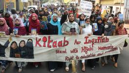 Women stage a protest over the hijab ban imposed in the few colleges in Karnataka