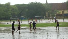 Football in Parade ground fort kochi in the rain