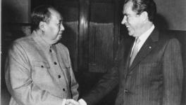 Mao Zedong (L) shakes hands with US President Richard Nixon on weeklong visit to China in Feb 1972 in a historic strategic overture 