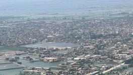 An arial view of Shahdadkot, Khairpur Nathan Shah, Mado, Faridabad, Mehar and other cities of Sindh covered with flood water in 2022. Flood in Sindh. Flood In Pakistan.