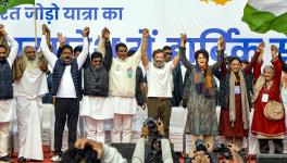 Congress leaders Rahul Gandhi and Priyanka Gandhi Vadra with Delhi Congress President Anil Chaudhary, UP Congress President Brijlal Khabri, party MP K.C. Venugopal and others during a ceremony to hand over the national flag to Khabri to start the UP leg of party's 'Bharat Jodo Yatra', in Ghaziabad, Tuesday, Jan. 3, 2023.