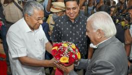 Kerala Governor Arif Mohammed Khan being welcomed by Chief Minister Pinarayi Vijayan as Assembly Speaker A.N. Shamseer looks on during the Budget Session of Kerala Assembly, in Thiruvananthapuram, Monday, Jan. 23, 2023.