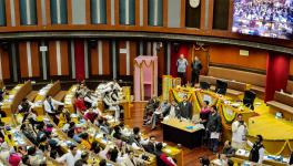 Aam Aadmi Party Rajya Sabha MP Sanjay Singh addresses his party members at the Civic Centre, after it was adjourned again without electing mayor and deputy mayor, in New Delhi, Tuesday, Jan. 24, 2023. 