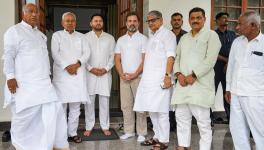 Bihar Chief Minister Nitish Kumar and Deputy Chief Minister Tejashwi Yadav with Congress President Mallikarjun Kharge, Congress leader Rahul Gandhi and JD (U) President Rajiv Ranjan Singh, in New Delhi, Wednesday, April 12, 2023.