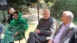 National Conference president Farooq Abdullah (centre) flanked by PDP president Mehbooba Mufti (left) and senior CPI(M) leader MY Tarigami during a press conference in Srinagar on Monday. 