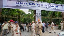 Security personnel outside the venue of the united opposition meeting, in Bengaluru, Monday, July 17, 2023. Image Courtesy: PTI Photo/Shailendra Bhojak