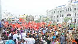 Workers led by the Red Flag Union of the sanitation workers in front of Greater Chennai Corporation.