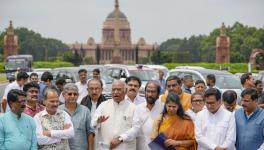 New Delhi: Leader of Opposition in the Rajya Sabha Mallikarjun Kharge with other I.N.D.I.A leaders address a press conference after a meeting with President Droupadi Murmu at Rashtrapati Bhavan, in New Delhi, Wednesday, Aug. 2, 2023. (PTI Photo/Ravi Choudhary)(