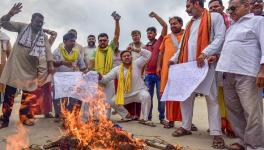 Prayagraj: People burn an effigy during a protest against DMK leader Udhayanidhi Stalin for his comments against Sanatan Dharma, in Prayagraj, Tuesday, Sept. 5, 2023. (PTI Photo)