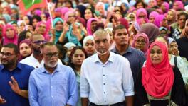 Maldives’ President-elect Dr. Mohamed Muizzu (C) addressing supporters, Malé, October 2, 2023 