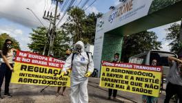 Protesters denounced the contamination of the Cerrado by pesticides at the entrance to COP30's Agrizone. More than 70% of the pesticides used in Brazil are used in the Cerrado, many of which are banned in Europe. Photo: Oliver Kornblihtt / Mídia NINJA