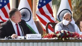 India’s Defence Minister Rajnath Singh (R) and US Secretary of State Mike Pompeo (L) at media briefing, New Delhi, October 27, 2020 