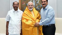 PMK founder S. Ramadoss (left) and Dr. Anbumani Ramadoss (right) with PM Narendra Modi. Image courtesy: DT Next