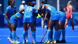 Indian women's hockey team players after bronze medal match vs Britain at the Tokyo Olympics