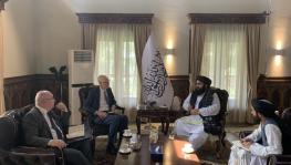 Sir Simon Gass, British Prime Minister’s representative on Afghanistan, seated second from left, with Taliban Foreign Minister Mullah Amir Khan Muttaqi, Kabul, October 5, 2021.