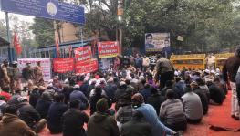 Nine unions came together and staged a demonstration outside DJB headquarters on Tuesday. Image clicked by Ronak Chhabra