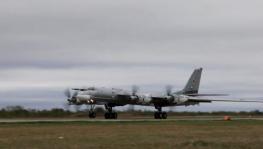 A Russian Tu-95 strategic bomber takes off during a 13-hour joint air patrol with China in Asia-Pacific region, at an unidentified location (image released by Russian MOD on May 24, 2022) 