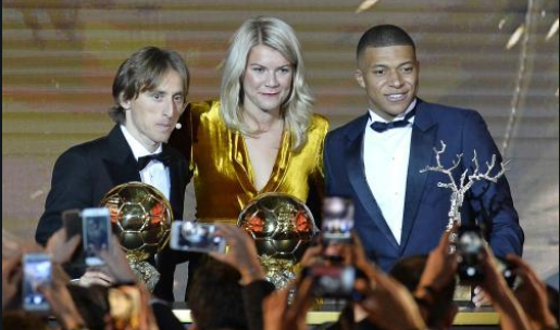 Luka Modric, Ada Hegerberg and Kylian Mbappe at the Ballon D'Or awards ceremony