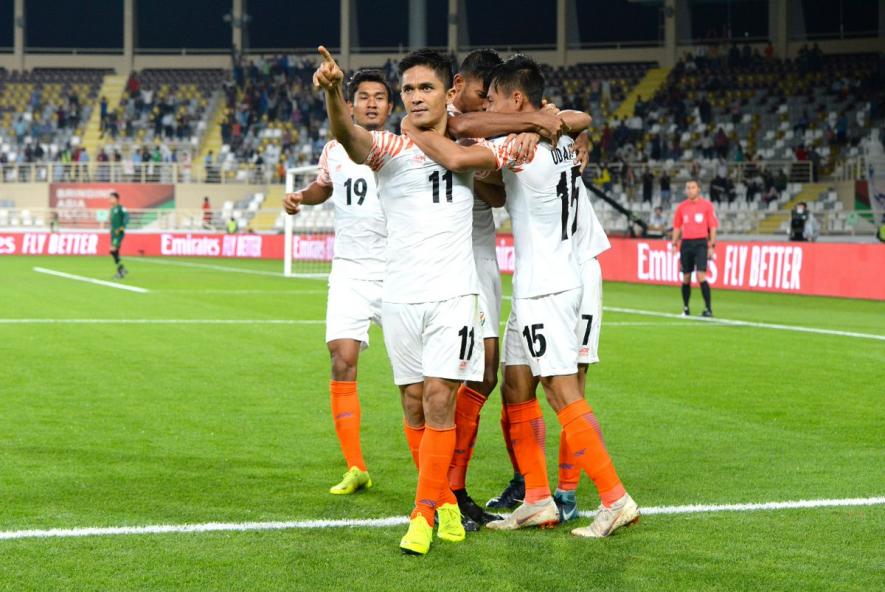 Sunil Chhetri of Indian football team celebrate his goal against Thailand in the AFC Asian Cup