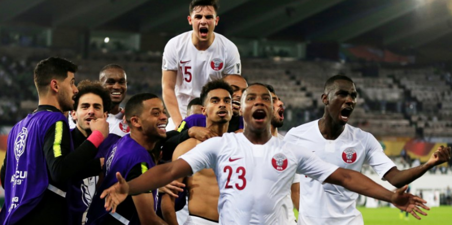 Qatar national football team players celebrate after winning the AFC Asian Cup 2019