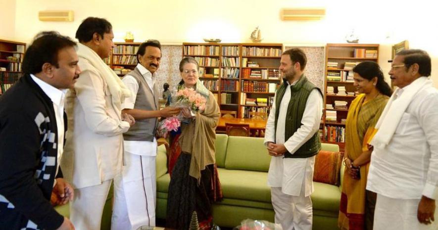 DMK leader MK Stalin with Congress chief Rahul Gandhi and his mother, United Progressive Alliance chairperson Sonia Gandhi