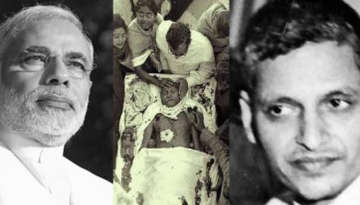 Prime Minister Narendra Modi, dead body of Mahatma Gandhi and Nathuram Godse.