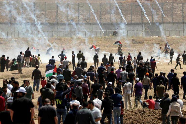 Tear gas canisters fired upon protesters by Israeli forces at the Gaza border 