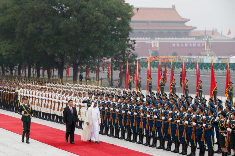 Red carpet welcome: Crown Prince of Abu Dhabi, Sheikh Mohamed bin Zayed, accompanied by Chinese President Xi Jinping, reviews an honour guard at the Great Hall of the People, Beijing, July 22, 2019