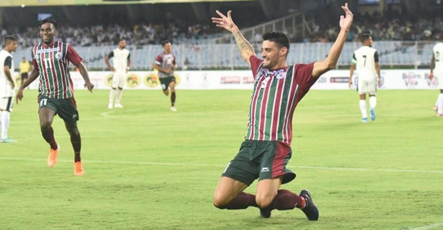Salva Chamorro of Mohun Bagan celebrates after scoring against Mohammedan Sporting in their Durand Cup match.  