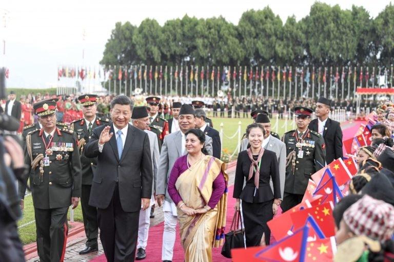 Chinese President Xi Jinping on a state visit being received by Nepal President Bidhya Devi Bhandari, Kathmandu, October 12, 2019