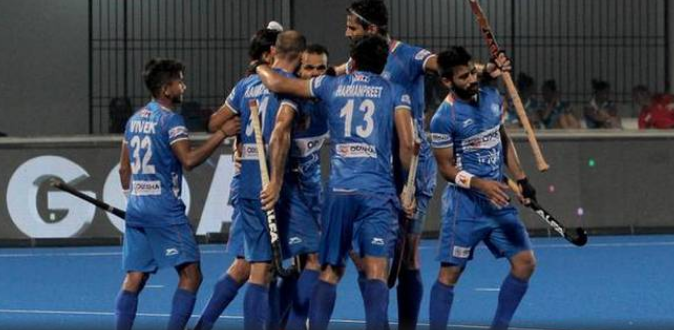 Indian men's hockey team players celebrate their win over Russia in their Tokyo Olympics qualifier