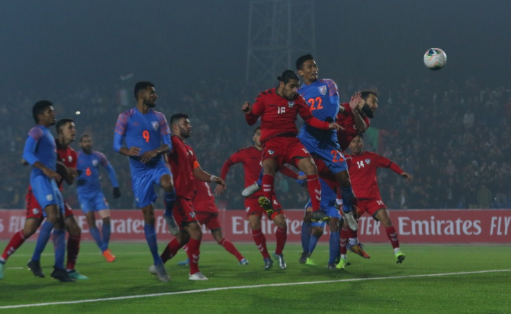 Seiminlen Doungel of Indian football team scores against Afghanistan in their FIFA World Cup qualifier match
