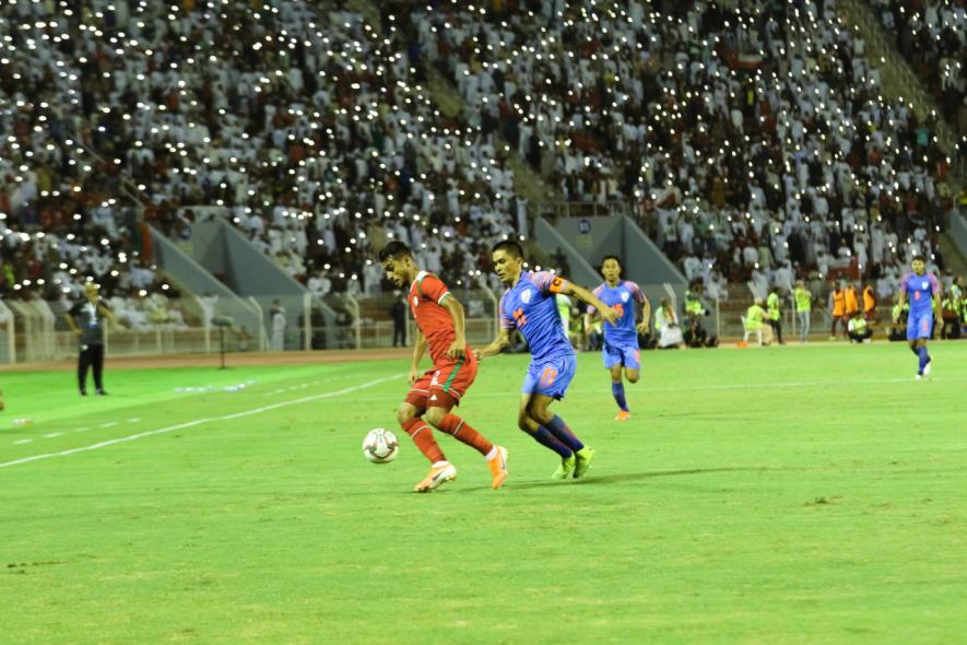 Sunil Chhetri of Indian football team in action against Oman