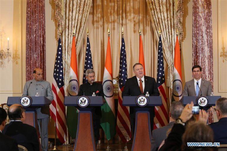 US Secretary of State Mike Pompeo (2nd R, Rear), U.S. Secretary of Defense Mark Esper (1st R, Rear), Indian External Affairs Minister S. Jaishankar (2nd L, Rear), Indian Defense Minister Rajnath Singh (1st L, Rear) attended a press conference following th